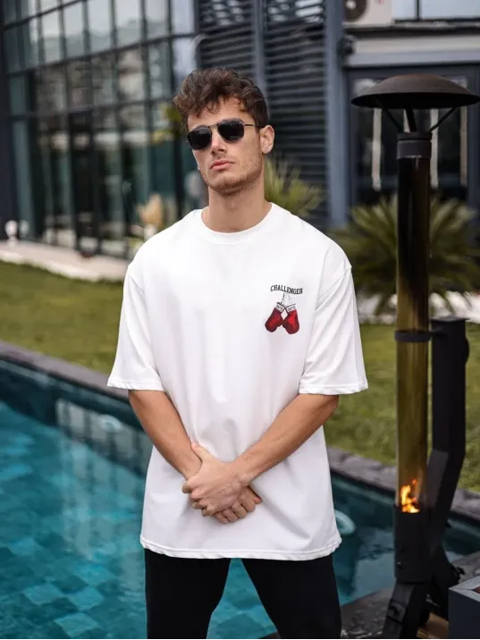 Unisex Bisiklet Yaka Baskılı Oversize T-Shirt - Beyaz Unisex Bisiklet Yaka Baskılı Oversize T-Shirt - Beyaz