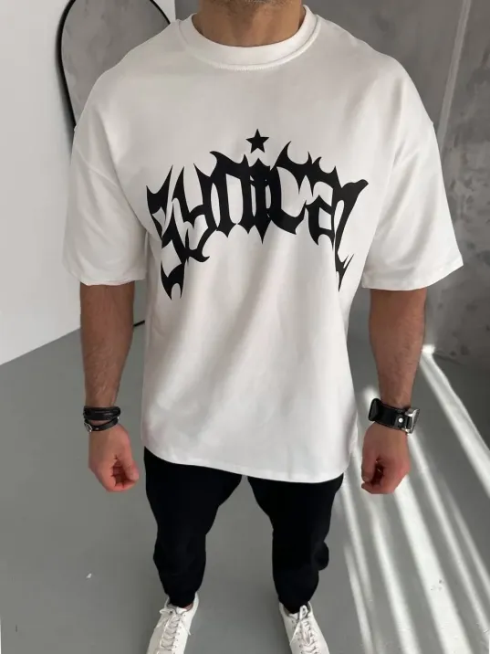 Unisex Bisiklet Yaka Baskılı Oversize T-Shirt - Beyaz Unisex Bisiklet Yaka Baskılı Oversize T-Shirt - Beyaz