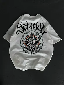 Unisex Bisiklet Yaka Baskılı Oversize T-shirt - Beyaz