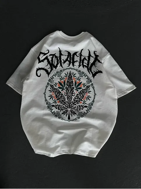 Unisex Bisiklet Yaka Baskılı Oversize T-shirt - Beyaz