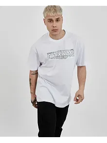 Unisex Bisiklet Yaka Baskılı Oversize T-shirt - Beyaz