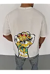 Unisex Bisiklet Yaka Baskılı Oversize T-shirt - Beyaz