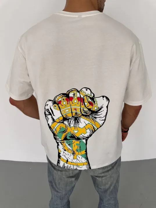 Unisex Bisiklet Yaka Baskılı Oversize T-Shirt - Beyaz Unisex Bisiklet Yaka Baskılı Oversize T-Shirt - Beyaz