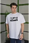 Unisex Bisiklet Yaka Baskılı Oversize T-shirt - Beyaz