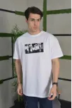 Unisex Bisiklet Yaka Baskılı Oversize T-shirt - Beyaz