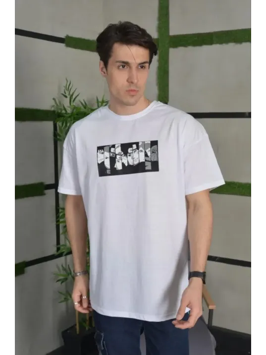 Unisex Bisiklet Yaka Baskılı Oversize T-Shirt - Beyaz Unisex Bisiklet Yaka Baskılı Oversize T-Shirt - Beyaz