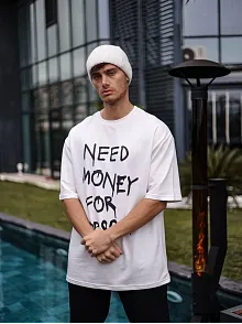 Unisex Bisiklet Yaka Baskılı Oversize T-shirt - Beyaz