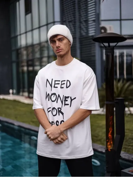 Unisex Bisiklet Yaka Baskılı Oversize T-shirt - Beyaz