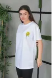 Unisex Bisiklet Yaka Baskılı Oversize T-shirt - Beyaz