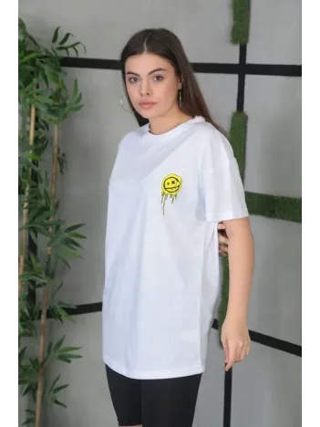 Unisex Bisiklet Yaka Baskılı Oversize T-Shirt - Beyaz Unisex Bisiklet Yaka Baskılı Oversize T-Shirt - Beyaz