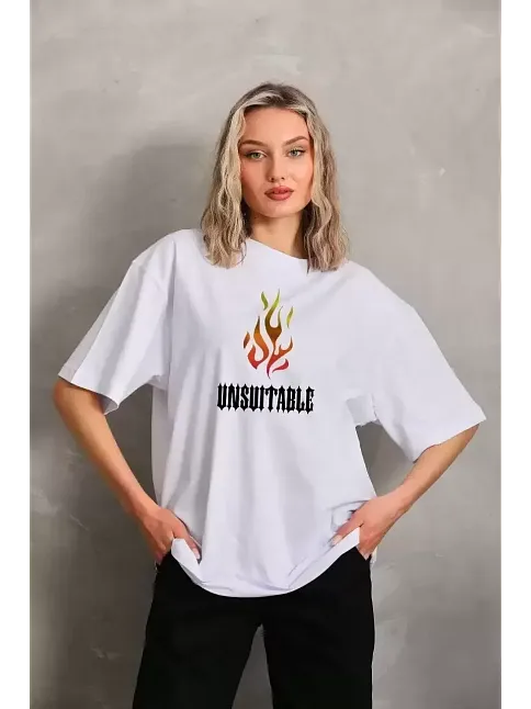 Unisex Bisiklet Yaka Baskılı Oversize T-shirt - Beyaz