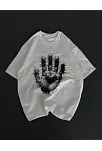 Unisex Bisiklet Yaka Baskılı Oversize T-shirt - Beyaz