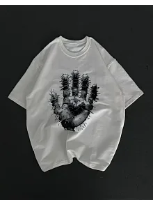 Unisex Bisiklet Yaka Baskılı Oversize T-shirt - Beyaz