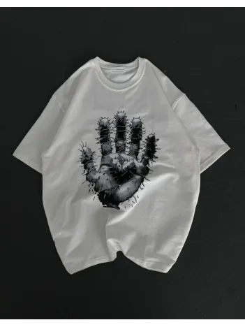 Unisex Bisiklet Yaka Baskılı Oversize T-Shirt - Beyaz Unisex Bisiklet Yaka Baskılı Oversize T-Shirt - Beyaz