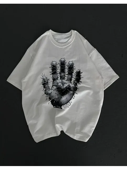 Unisex Bisiklet Yaka Baskılı Oversize T-shirt - Beyaz