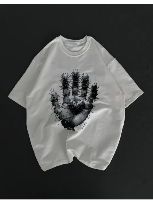 Unisex Bisiklet Yaka Baskılı Oversize T-Shirt - Beyaz Unisex Bisiklet Yaka Baskılı Oversize T-Shirt - Beyaz