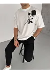Unisex Bisiklet Yaka Baskılı Oversize T-shirt - Beyaz