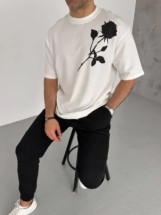 Unisex Bisiklet Yaka Baskılı Oversize T-Shirt - Beyaz Unisex Bisiklet Yaka Baskılı Oversize T-Shirt - Beyaz