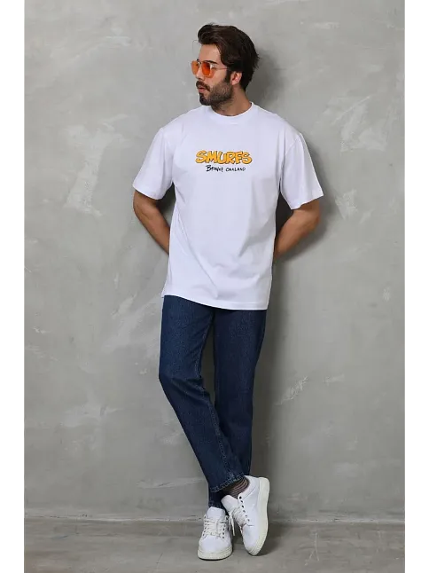 Unisex Bisiklet Yaka Baskılı Oversize T-shirt - Beyaz