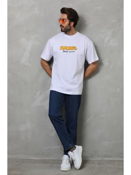 Unisex Bisiklet Yaka Baskılı Oversize T-Shirt - Beyaz Unisex Bisiklet Yaka Baskılı Oversize T-Shirt - Beyaz