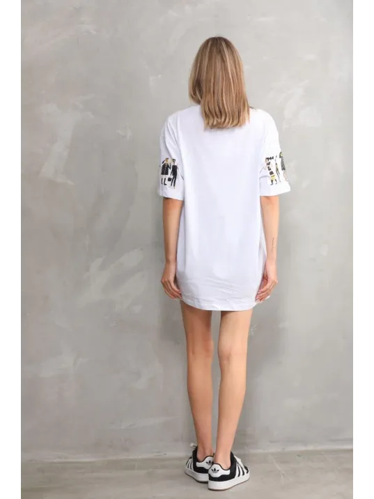 Unisex Bisiklet Yaka Baskılı Oversize T-Shirt - Beyaz