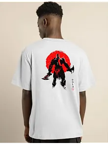 Unisex Bisiklet Yaka Baskılı Oversize T-shirt - Beyaz