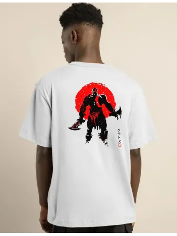 Unisex Bisiklet Yaka Baskılı Oversize T-shirt - Beyaz