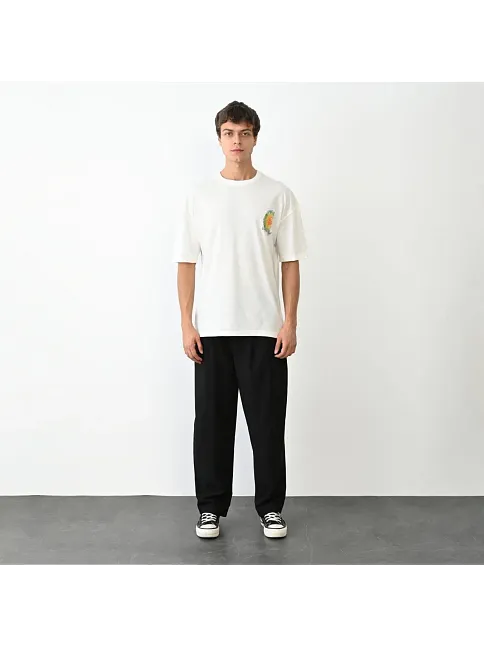 Unisex Bisiklet Yaka Baskılı Oversize T-shirt - Beyaz