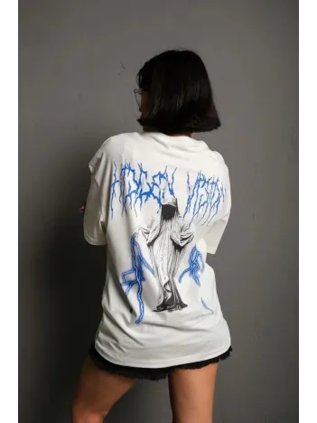 Unisex Bisiklet Yaka Baskılı Oversize T-Shirt - Beyaz Unisex Bisiklet Yaka Baskılı Oversize T-Shirt - Beyaz