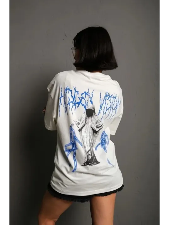 Unisex Bisiklet Yaka Baskılı Oversize T-Shirt - Beyaz