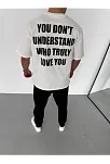 Unisex Bisiklet Yaka Baskılı Oversize T-shirt - Beyaz