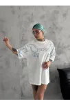Unisex Bisiklet Yaka Baskılı Oversize T-shirt - Beyaz