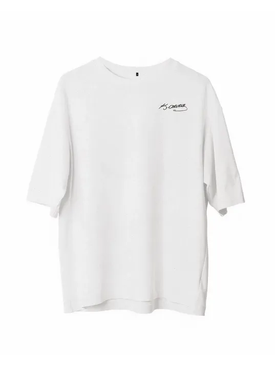 Unisex Bisiklet Yaka Baskılı Oversize T-shirt - Beyaz