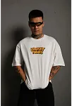Unisex Bisiklet Yaka Baskılı Oversize T-shirt - Beyaz