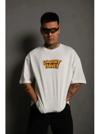 Unisex Bisiklet Yaka Baskılı Oversize T-Shirt - Beyaz Unisex Bisiklet Yaka Baskılı Oversize T-Shirt - Beyaz