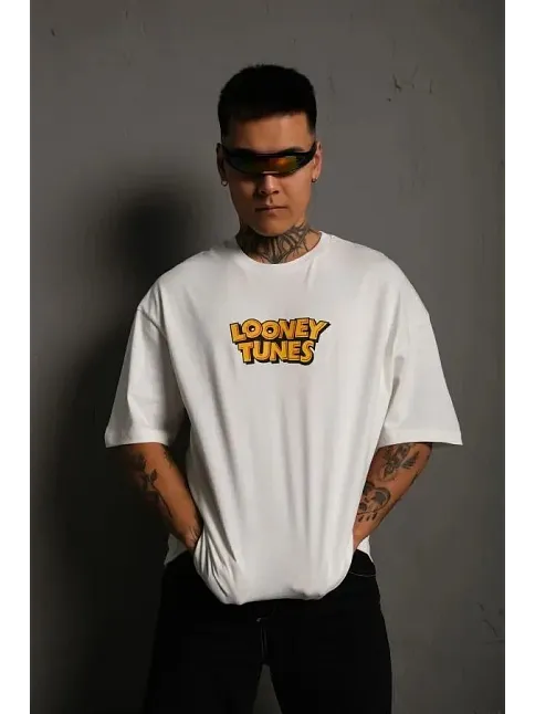 Unisex Bisiklet Yaka Baskılı Oversize T-shirt - Beyaz