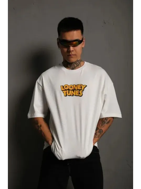 Unisex Bisiklet Yaka Baskılı Oversize T-Shirt - Beyaz Unisex Bisiklet Yaka Baskılı Oversize T-Shirt - Beyaz