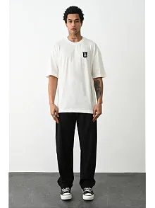 Unisex Bisiklet Yaka Baskılı Oversize T-shirt - Beyaz