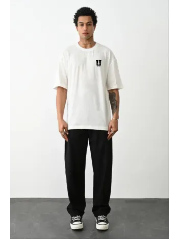 Unisex Bisiklet Yaka Baskılı Oversize T-Shirt - Beyaz Unisex Bisiklet Yaka Baskılı Oversize T-Shirt - Beyaz