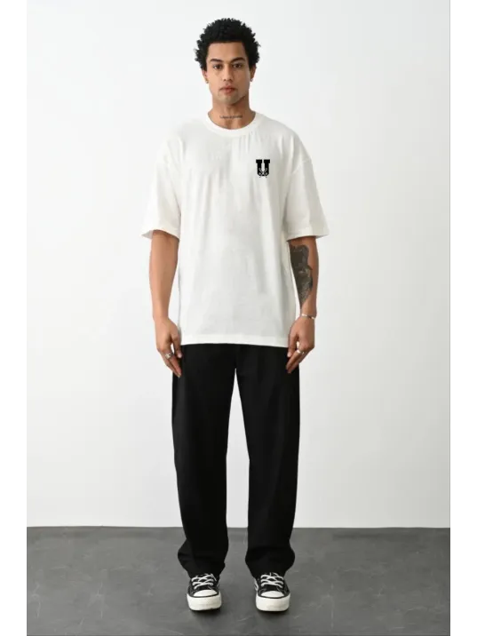 Unisex Bisiklet Yaka Baskılı Oversize T-Shirt - Beyaz Unisex Bisiklet Yaka Baskılı Oversize T-Shirt - Beyaz