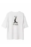 Unisex Bisiklet Yaka Baskılı Oversize T-shirt - Beyaz