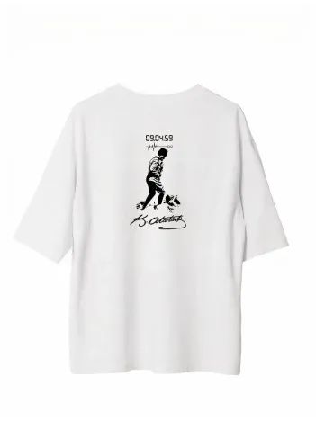 Unisex Bisiklet Yaka Baskılı Oversize T-shirt - Beyaz Unisex Bisiklet Yaka Baskılı Oversize T-shirt - Beyaz