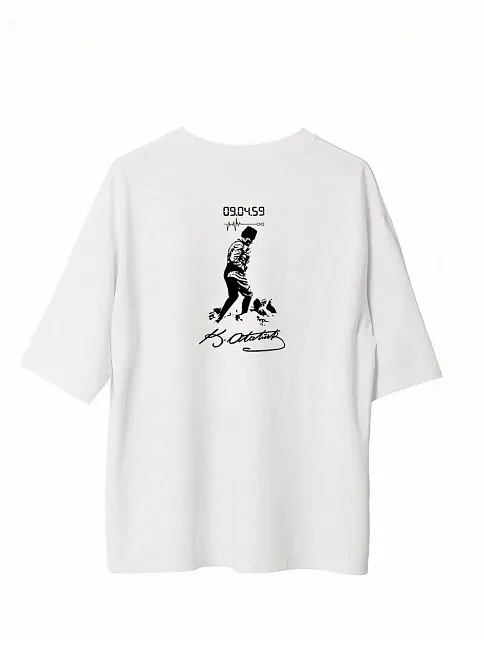 Unisex Bisiklet Yaka Baskılı Oversize T-shirt - Beyaz