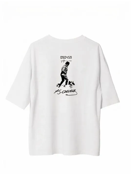 Unisex Bisiklet Yaka Baskılı Oversize T-shirt - Beyaz