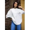 Unisex Bisiklet Yaka Baskılı Oversize T-Shirt - Beyaz