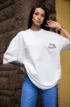 Unisex Bisiklet Yaka Baskılı Oversize T-shirt - Beyaz