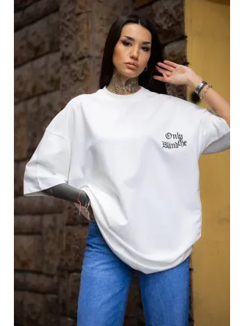 Unisex Bisiklet Yaka Baskılı Oversize T-Shirt - Beyaz Unisex Bisiklet Yaka Baskılı Oversize T-Shirt - Beyaz