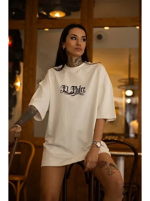 Unisex Bisiklet Yaka Baskılı Oversize T-shirt - Beyaz