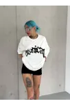 Unisex Bisiklet Yaka Baskılı Oversize T-shirt - Beyaz