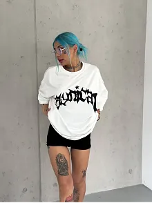 Unisex Bisiklet Yaka Baskılı Oversize T-shirt - Beyaz